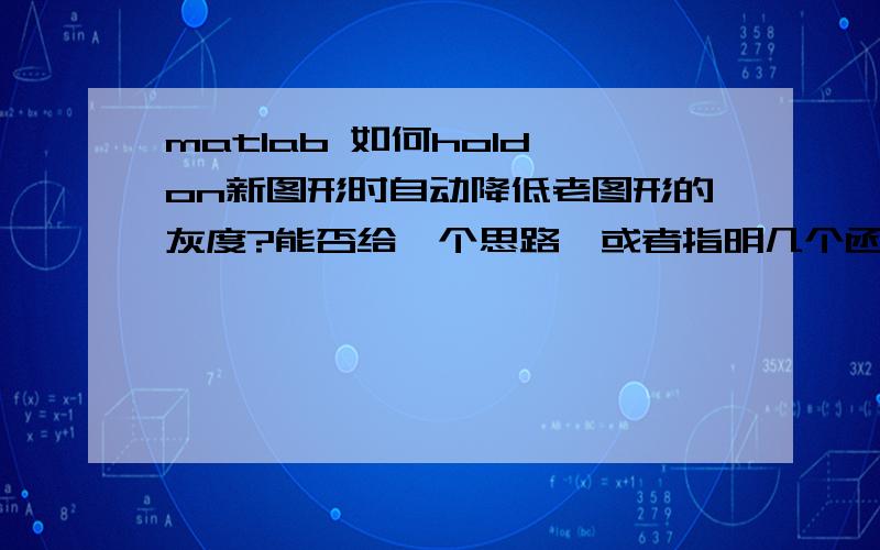 matlab 如何hold on新图形时自动降低老图形的灰度?能否给一个思路,或者指明几个函数,用matlab达成这样的效果,当新图形hold on上一个figure时,本来已存在在该figure上的老图形的灰度整体降低?就是