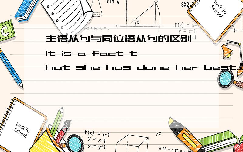 主语从句与同位语从句的区别 It is a fact that she has done her best.是主语从句还是同位语从句