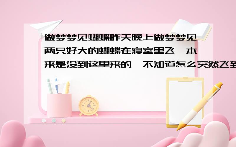 做梦梦见蝴蝶昨天晚上做梦梦见两只好大的蝴蝶在寝室里飞,本来是没到这里来的,不知道怎么突然飞到这里来了,一只钻紧了我的衣袖里,一只钻进了我的裤脚里,后来就吓醒了