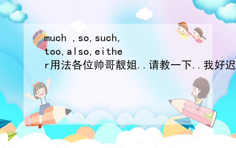 much ,so,such,too,also,either用法各位帅哥靓姐..请教一下..我好迟钝的.多抬贵手打多两个字去