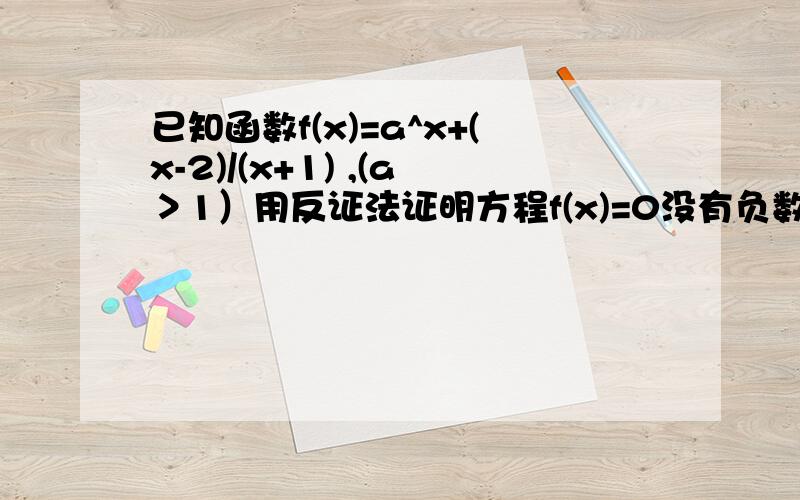 已知函数f(x)=a^x+(x-2)/(x+1) ,(a＞1）用反证法证明方程f(x)=0没有负数根