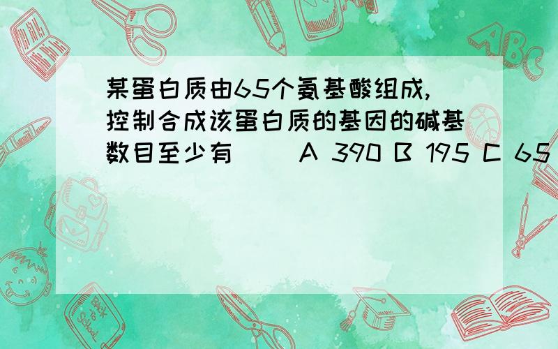 某蛋白质由65个氨基酸组成,控制合成该蛋白质的基因的碱基数目至少有（） A 390 B 195 C 65 D 260