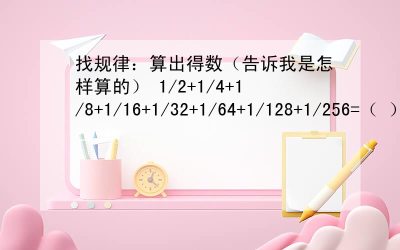 找规律：算出得数（告诉我是怎样算的） 1/2+1/4+1/8+1/16+1/32+1/64+1/128+1/256=（ ）