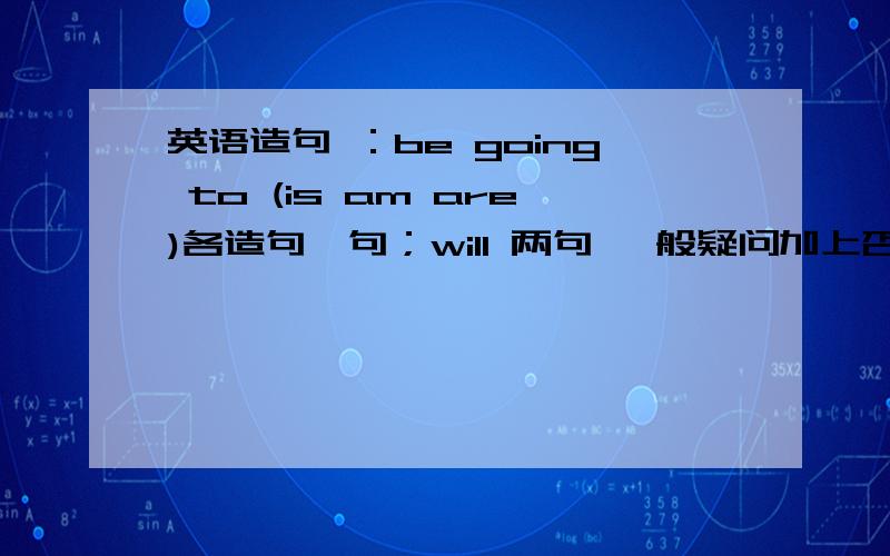 英语造句 ：be going to (is am are)各造句一句；will 两句 一般疑问加上否定句+回答（否定回答和肯定回be going to (is am are)各造句一句will 两句 一般疑问加上否定句+回答（否定回答和肯定回答）sha