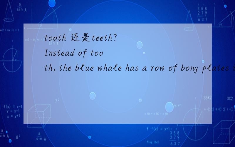 tooth 还是teeth?Instead of tooth, the blue whale has a row of bony plates in its mouth that functions as a food-collecting device.要帮我讲讲为什么哦 谢谢
