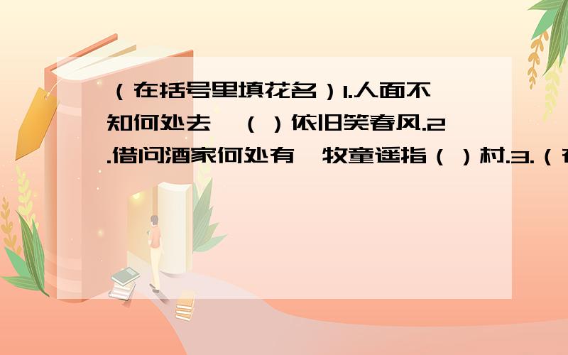 （在括号里填花名）1.人面不知何处去,（）依旧笑春风.2.借问酒家何处有,牧童遥指（）村.3.（在括号里填花名）1.人面不知何处去,（）依旧笑春风.2.借问酒家何处有,牧童遥指（）村.3.竹外