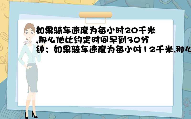 如果骑车速度为每小时20千米,那么他比约定时间早到30分钟；如果骑车速度为每小时12千米,那么他比约定时间晚到10分钟.如果张明打算比约定时间提前15分钟到达集合地点,那么他的骑车速度