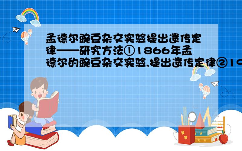 孟德尔豌豆杂交实验提出遗传定律——研究方法①1866年孟德尔的豌豆杂交实验,提出遗传定律②1910年摩尔根进行果蝇杂交实验,证明基因位于染色体上③1903年萨顿研究蝗虫的减数分裂,提出假