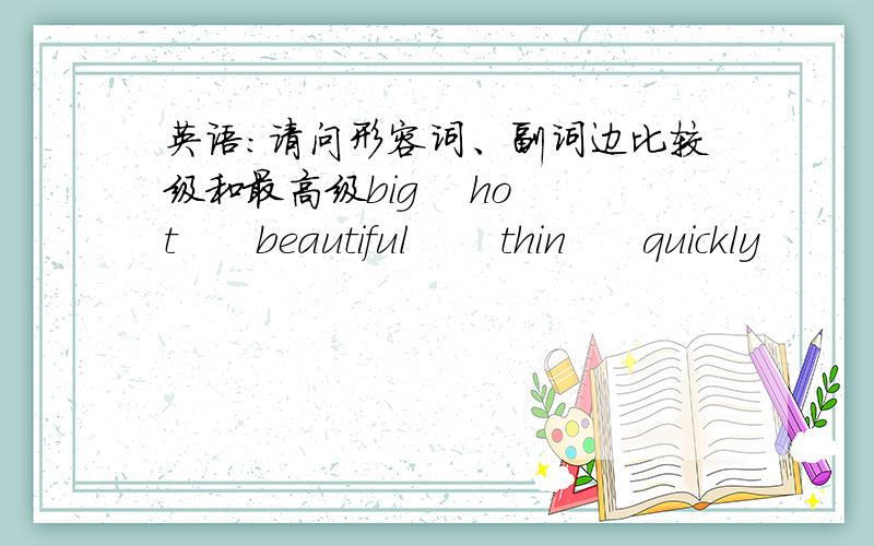 英语：请问形容词、副词边比较级和最高级big    hot      beautiful       thin      quickly         little        fast        easy           hard           late         delicious          badly       old         bad,ill              go