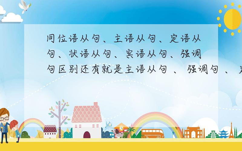 同位语从句、主语从句、定语从句、状语从句、宾语从句、强调句区别还有就是主语从句 、 强调句 、 定语从句、同位语从句怎么区分呢?It is one of the most unpleasant discoveries which we all make that