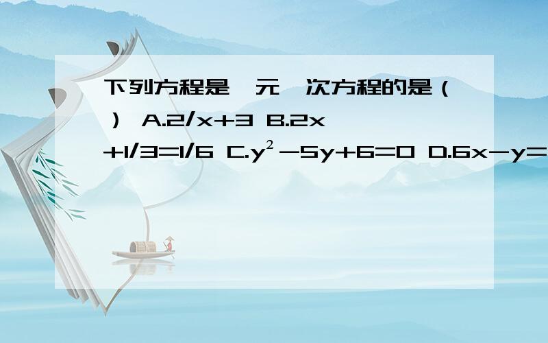 下列方程是一元一次方程的是（） A.2/x+3 B.2x+1/3=1/6 C.y²-5y+6=0 D.6x-y=9