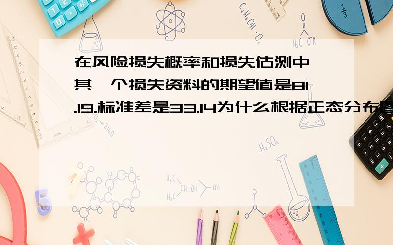 在风险损失概率和损失估测中,其一个损失资料的期望值是81.19.标准差是33.14为什么根据正态分布图的特点,损失额落在（81.19-33.14*2,81.19+33.14*2）