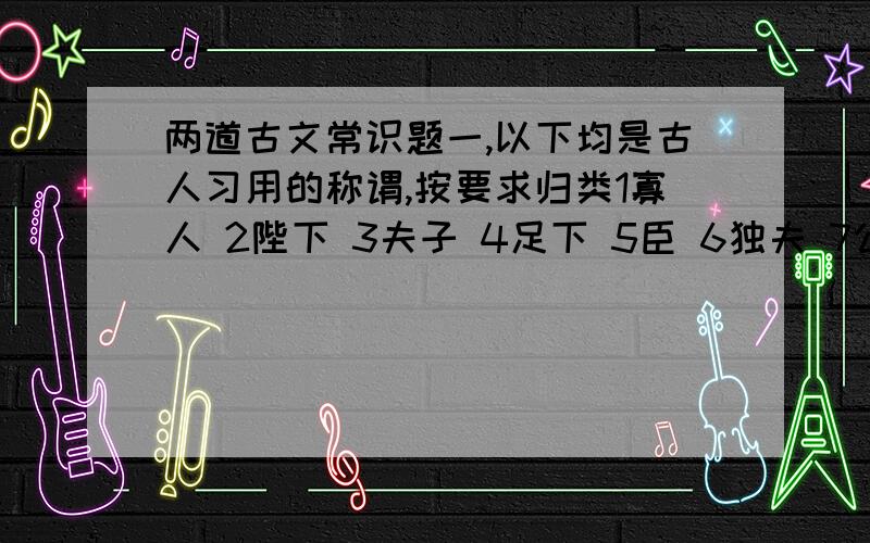 两道古文常识题一,以下均是古人习用的称谓,按要求归类1寡人 2陛下 3夫子 4足下 5臣 6独夫 7公 8不才 9妾 10子 11竖子 12上 13渔 14下 15鱼取(连一起的)生 16君 17孤 18丈人 19老妇表示谦称的是_______