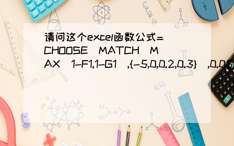 请问这个excel函数公式=CHOOSE(MATCH(MAX(1-F1,1-G1),{-5,0,0.2,0.3}),0.05,0.02,0.015,