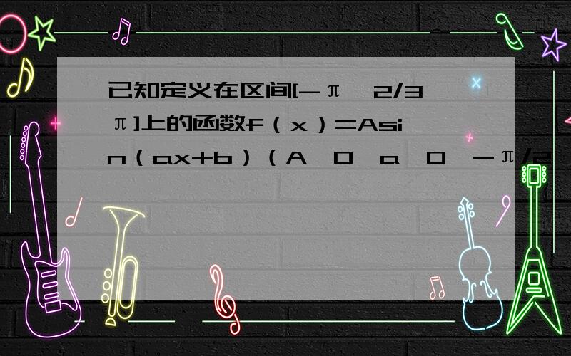 已知定义在区间[-π,2/3π]上的函数f（x）=Asin（ax+b）（A＞0,a＞0,-π/2＜b＜π/2）的图像关于直线x=-π/6对称,当x∈[-π/6,2π/3]时,f（x）的图像如图所示.①求f（x）在[-π,2/3π]上的表达式②求方程f（x