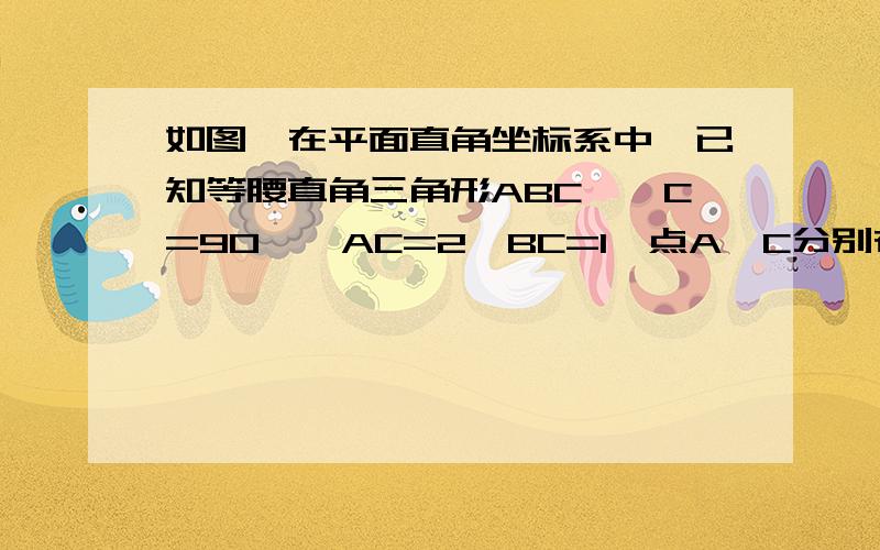 如图,在平面直角坐标系中,已知等腰直角三角形ABC,∠C=90°,AC=2,BC=1,点A、C分别在x轴、y轴上,当点A从原点开始在x轴的正半轴上运动时,点C在y轴正半轴上运动．（1）当A在原点时,求点B的坐标；（