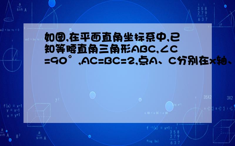 如图,在平面直角坐标系中,已知等腰直角三角形ABC,∠C=90°,AC=BC=2,点A、C分别在x轴、y轴上,当点A从原点开始在x轴的正半轴上运动时,点C在y轴正半轴上运动.（1）当A在原点时,求点B的坐标；（2）