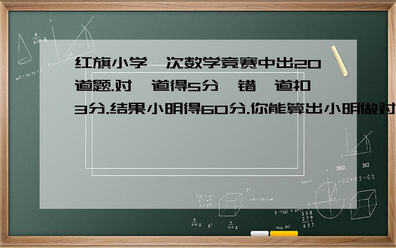 红旗小学一次数学竞赛中出20道题.对一道得5分,错一道扣3分.结果小明得60分.你能算出小明做对几道题吗?