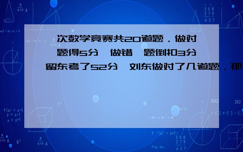 一次数学竞赛共20道题．做对一题得5分,做错一题倒扣3分留东考了52分,刘东做对了几道题．那么做对14题，不就是70分了吗