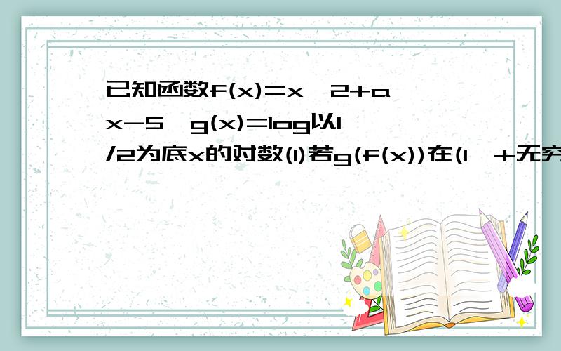 已知函数f(x)=x^2+ax-5,g(x)=log以1/2为底x的对数(1)若g(f(x))在(1,+无穷)是减函数,求a的范围；(2)若f(g(x))在区间[2,4]上的最小值等于-11,求a.