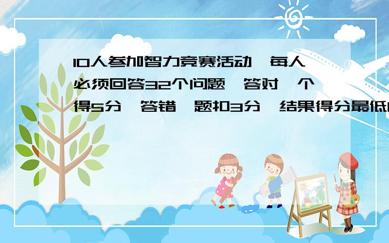 10人参加智力竞赛活动,每人必须回答32个问题,答对一个得5分,答错一题扣3分,结果得分最低的是0分,且每人得分都不同,问第一名至少得多少分