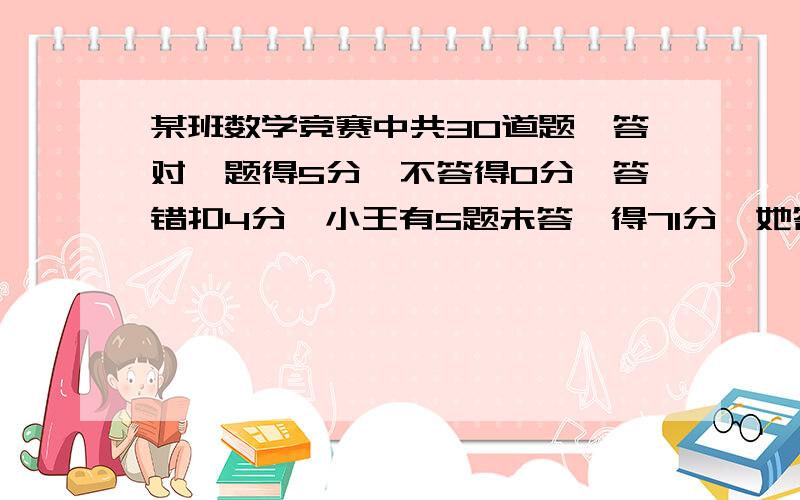 某班数学竞赛中共30道题,答对一题得5分,不答得0分,答错扣4分,小王有5题未答,得71分,她答对多少题?