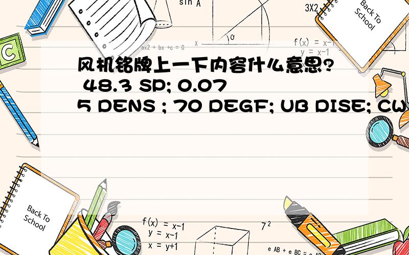 风机铭牌上一下内容什么意思? 48.3 SP; 0.075 DENS ; 70 DEGF; UB DISE; CW ROT.