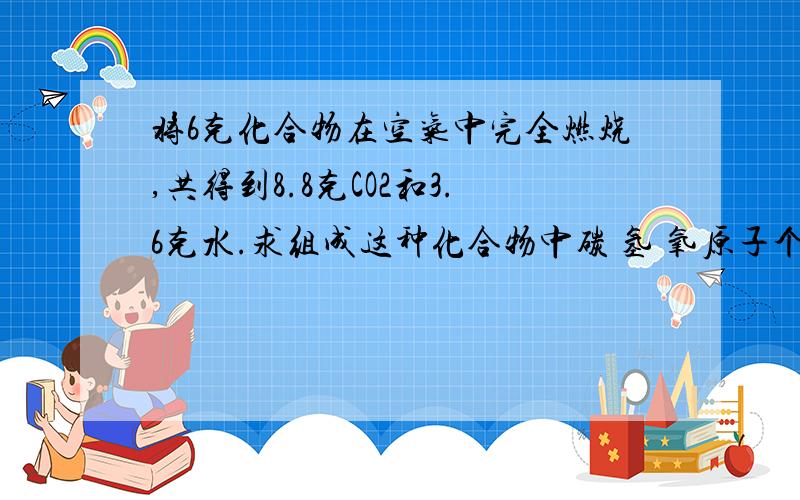 将6克化合物在空气中完全燃烧,共得到8.8克CO2和3.6克水.求组成这种化合物中碳 氢 氧原子个数比 简明