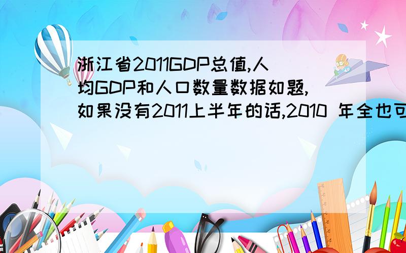 浙江省2011GDP总值,人均GDP和人口数量数据如题,如果没有2011上半年的话,2010 年全也可以,但是一定最好是三组数据,不要连接,急