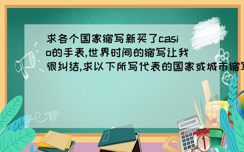 求各个国家缩写新买了casio的手表,世界时间的缩写让我很纠结,求以下所写代表的国家或城市缩写：JED THR DXB KBL KHI DEL DAC RGN BKK SIN HKG BJS TPE SEL TYO ADL GUM SYD NOU WLG PPG HNL ANC YVR LAX YEA DEN MEX CHI MIA