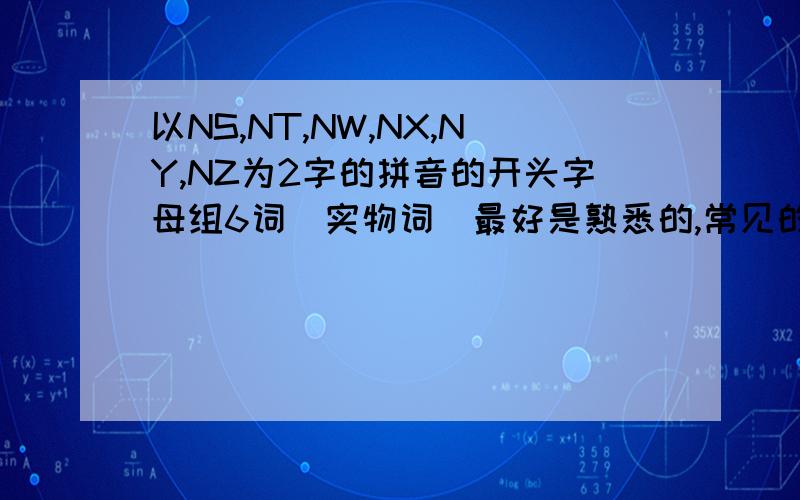 以NS,NT,NW,NX,NY,NZ为2字的拼音的开头字母组6词(实物词)最好是熟悉的,常见的