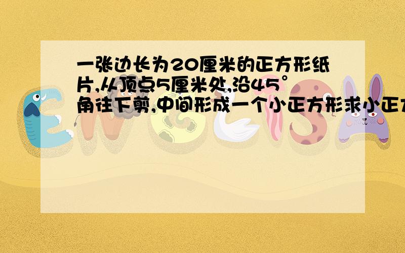 一张边长为20厘米的正方形纸片,从顶点5厘米处,沿45°角往下剪,中间形成一个小正方形求小正方形的面积把算式写出来,