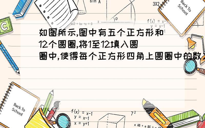 如图所示,图中有五个正方形和12个圆圈,将1至12填入圆圈中,使得每个正方形四角上圆圈中的数之和都相等,那么这个相等的和等于?