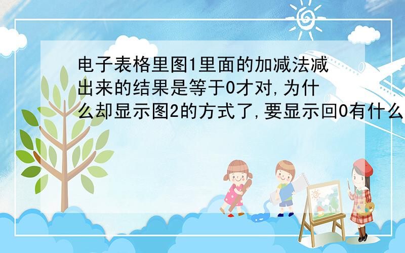 电子表格里图1里面的加减法减出来的结果是等于0才对,为什么却显示图2的方式了,要显示回0有什么方法?图1图2