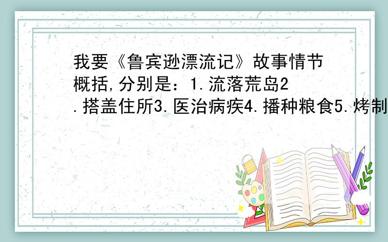 我要《鲁宾逊漂流记》故事情节概括,分别是：1.流落荒岛2.搭盖住所3.医治病疾4.播种粮食5.烤制面包6.制作陶器7.驯养野羊8.造独木舟9.救星期五10.救星期五的父亲11.夺船回国要用简练的语言概