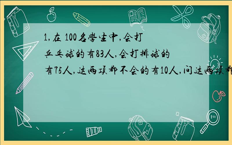 1,在 100名学生中,会打乒乓球的有83人,会打排球的有75人,这两项都不会的有10人,问这两项都会的有多少人?