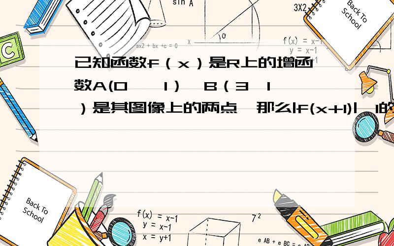 已知函数f（x）是R上的增函数A(0,—1）,B（3,1）是其图像上的两点,那么|f(x+1)|《1的解集的补集是?