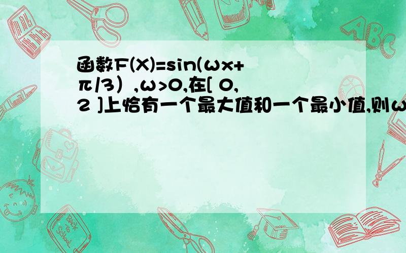 函数F(X)=sin(ωx+π/3）,ω>0,在[ 0,2 ]上恰有一个最大值和一个最小值,则ω取值范围是什么?