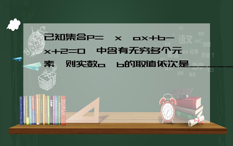 已知集合P=｛x丨ax+b-x+2=0｝中含有无穷多个元素,则实数a、b的取值依次是______