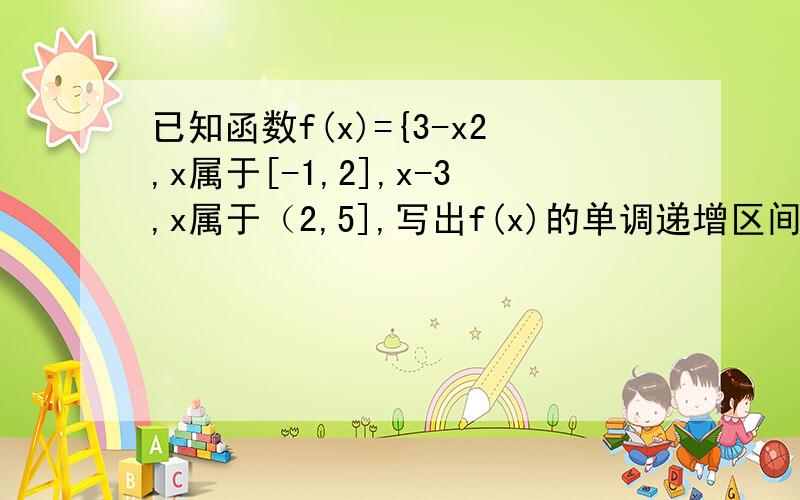 已知函数f(x)={3-x2,x属于[-1,2],x-3,x属于（2,5],写出f(x)的单调递增区间及在直角坐标系中的图像急用