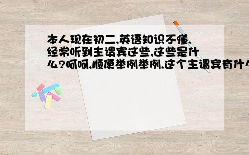 本人现在初二,英语知识不懂,经常听到主谓宾这些,这些是什么?呵呵,顺便举例举例,这个主谓宾有什么作用,是每个句子都是这样的成分吗?不是的话,请解释一下句子中还有什么些成分,顺便也举