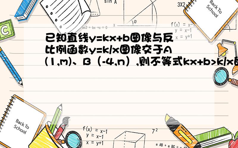 已知直线y=kx+b图像与反比例函数y=k/x图像交于A(1,m)、B（-4,n）,则不等式kx+b>k/x的解集___________.急用!