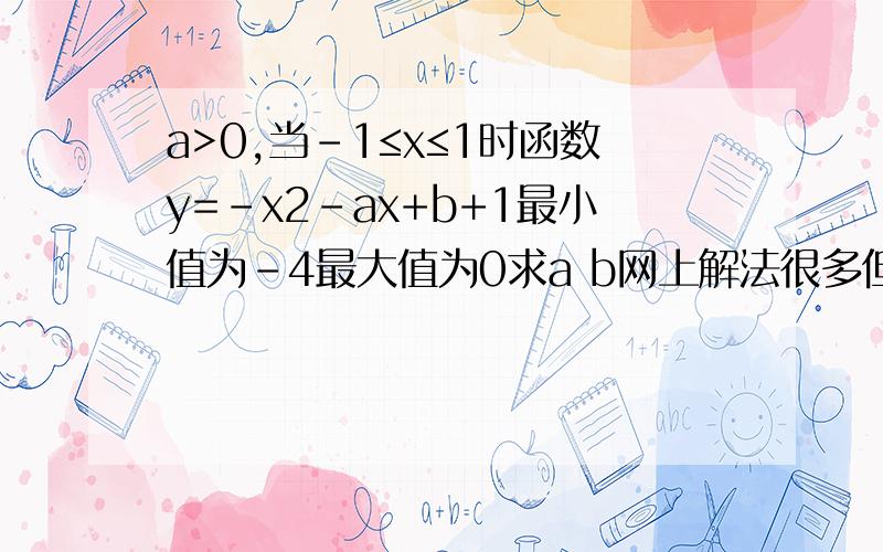 a>0,当-1≤x≤1时函数y=-x2-ax+b+1最小值为-4最大值为0求a b网上解法很多但是都不合要求,请用高一数学二次函数的方法解.不要复制