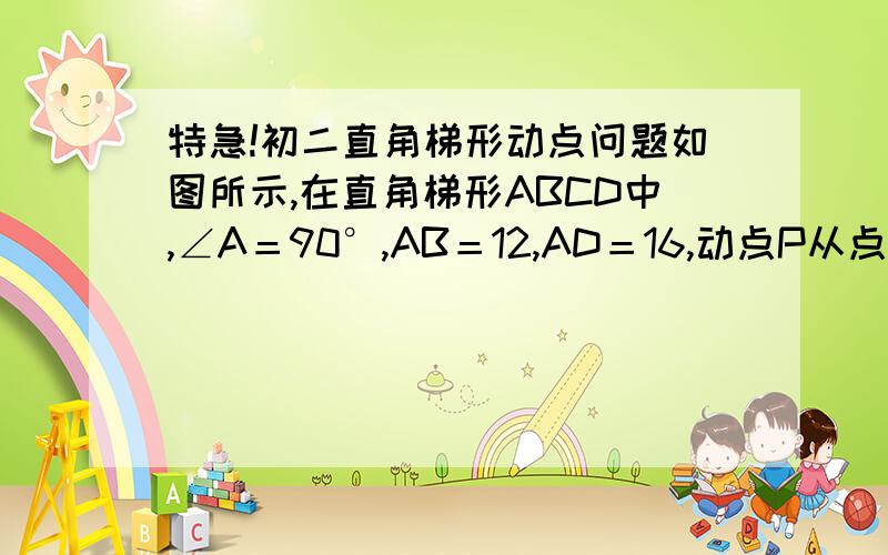 特急!初二直角梯形动点问题如图所示,在直角梯形ABCD中,∠A＝90°,AB＝12,AD＝16,动点P从点B出发,沿射线BC的方向以每秒2个单位的速度运动,动点Q同时从点A出发,在线段AD上以每秒1个单位的速度向