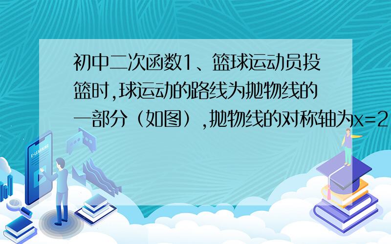 初中二次函数1、篮球运动员投篮时,球运动的路线为抛物线的一部分（如图）,抛物线的对称轴为x=2.5.求此抛物线的解析式及篮球运行路线到最高点时与地面的距离.