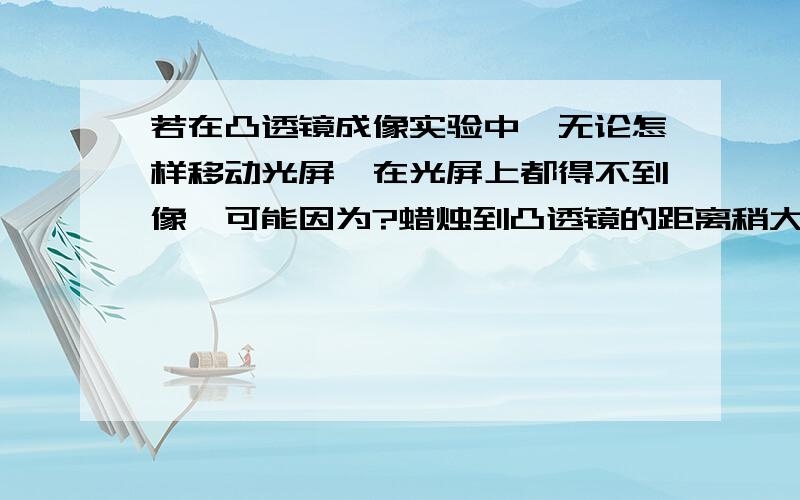 若在凸透镜成像实验中,无论怎样移动光屏,在光屏上都得不到像,可能因为?蜡烛到凸透镜的距离稍大于（）,成像在（）的地方,光具座的（）无法移到该位置