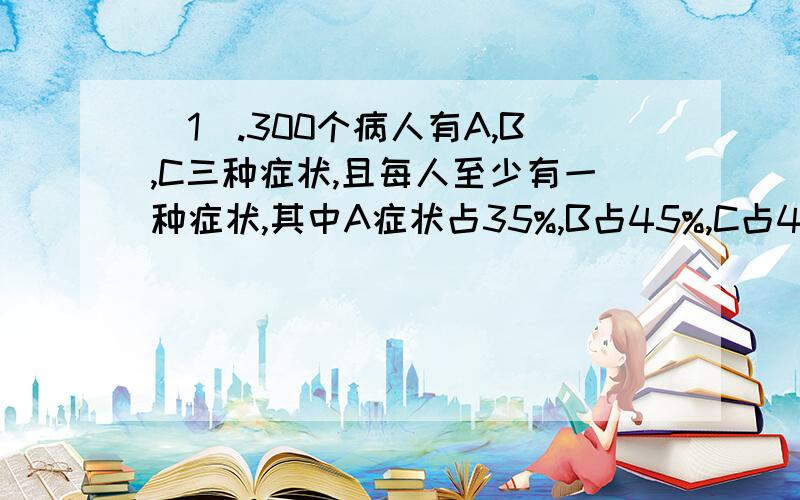 （1）.300个病人有A,B,C三种症状,且每人至少有一种症状,其中A症状占35%,B占45%,C占40%,有且仅有两种症状的人占10%,问有多少人有且仅有一种症状?(2).有一个长方形（不是正方形）内接在圆内,半径