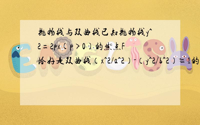 抛物线与双曲线已知抛物线y^2=2px(p>0)的焦点F恰好是双曲线（x^2/a^2）-（y^2/b^2）=1的右焦点,且两条曲线焦点的连线过点F,求双曲线的离心率.