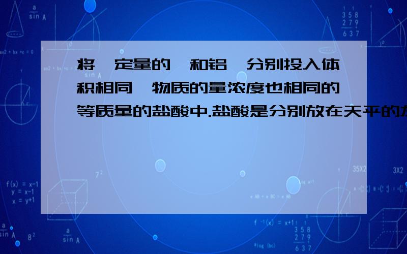 将一定量的镁和铝,分别投入体积相同、物质的量浓度也相同的等质量的盐酸中.盐酸是分别放在天平的左右托盘上的两个相同的烧杯里的,加入镁和铝之前已经调整至平衡.要使反应完全后,天