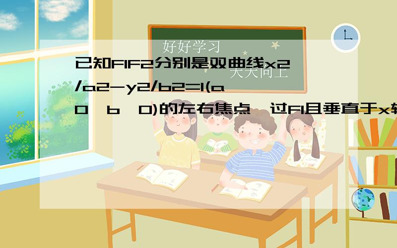 已知F1F2分别是双曲线x2/a2-y2/b2=1(a＞0,b＞0)的左右焦点,过F1且垂直于x轴的直线与双曲线交于AB两点,若△ABF2是锐角三角形,则该双曲线离心率e的取值范围 （ ）A（1,根号3）B（根号3,2倍根号2）C（